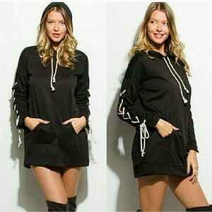 Black Lace up Hoodie Tunic